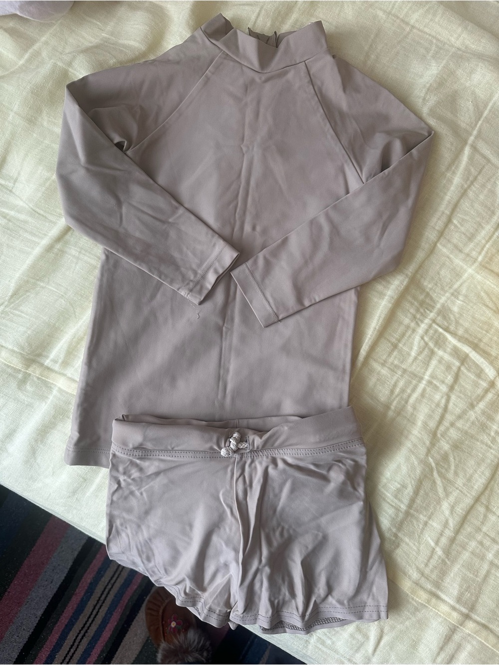 Beige Two-Piece Swim Set - Long Sleeve Rash Guard & Shorts